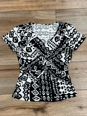 VINTAGE 1999 Black and White Fitted Knot Wrap Top | Size Small